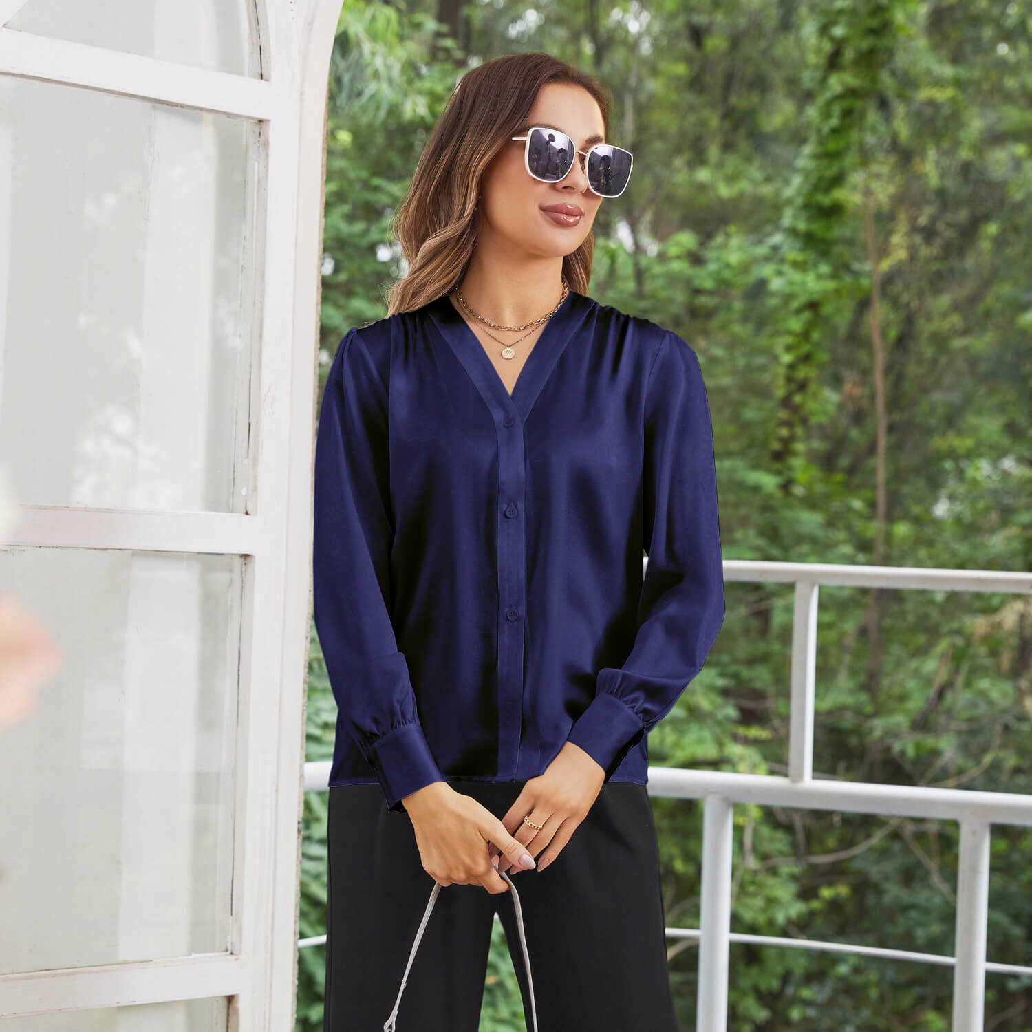 Women V Neck Silk Blouse Long Sleeves Office Work Silk Shirts