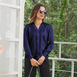 Women V Neck Silk Blouse Long Sleeves Office Work Silk Shirts