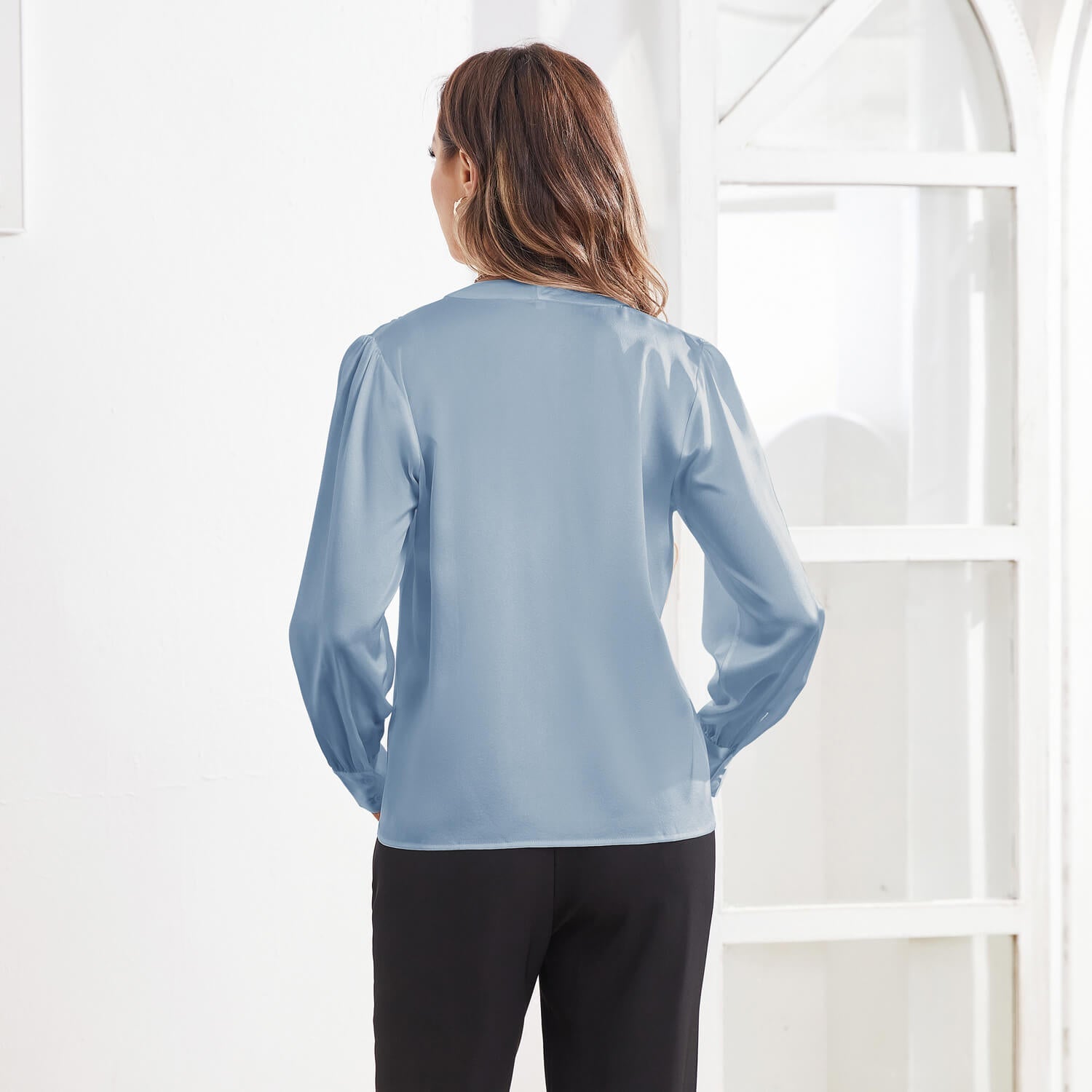 Women V Neck Silk Blouse Long Sleeves Office Work Silk Shirts