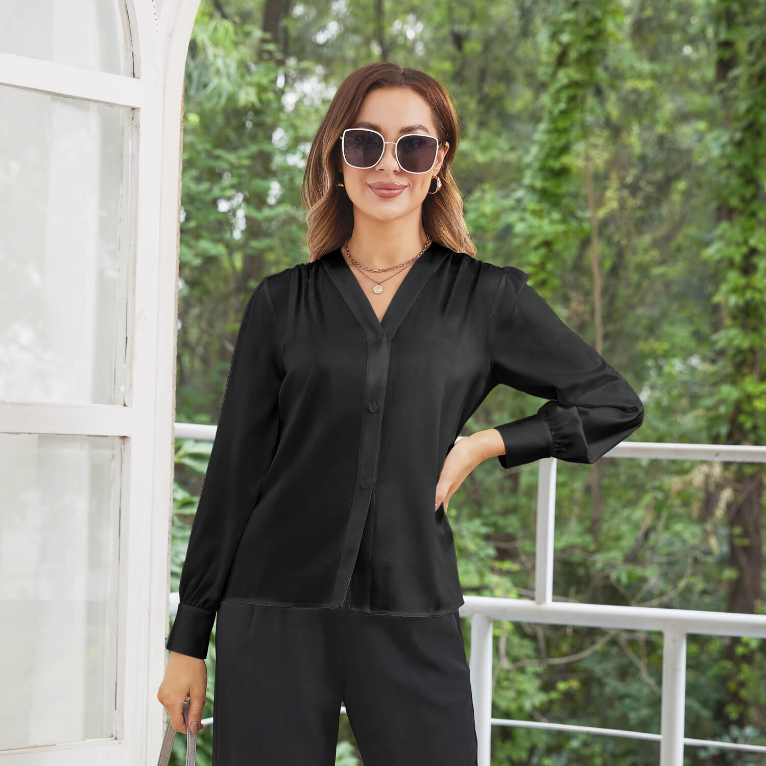 Women V Neck Silk Blouse Long Sleeves Office Work Silk Shirts