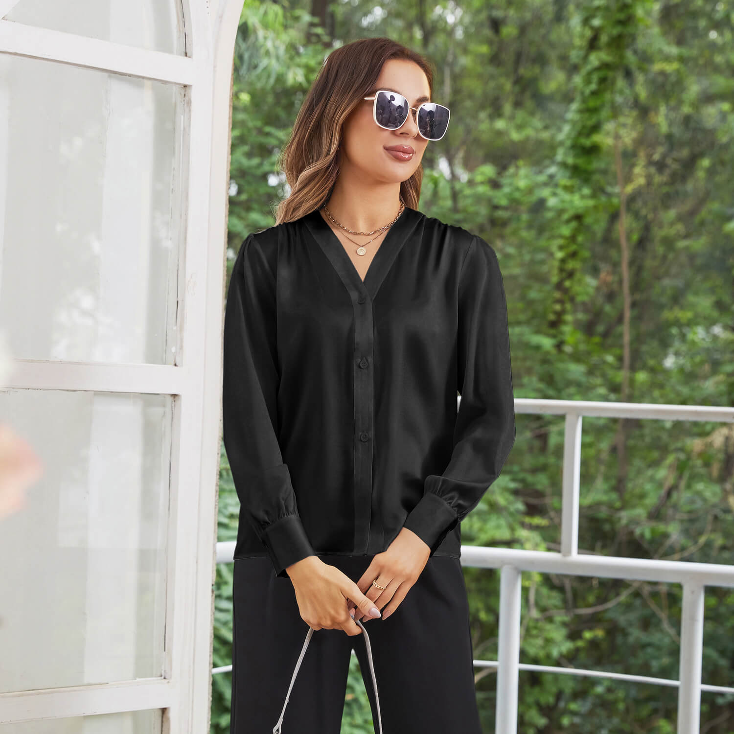 Women V Neck Silk Blouse Long Sleeves Office Work Silk Shirts