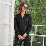 Women V Neck Silk Blouse Long Sleeves Office Work Silk Shirts