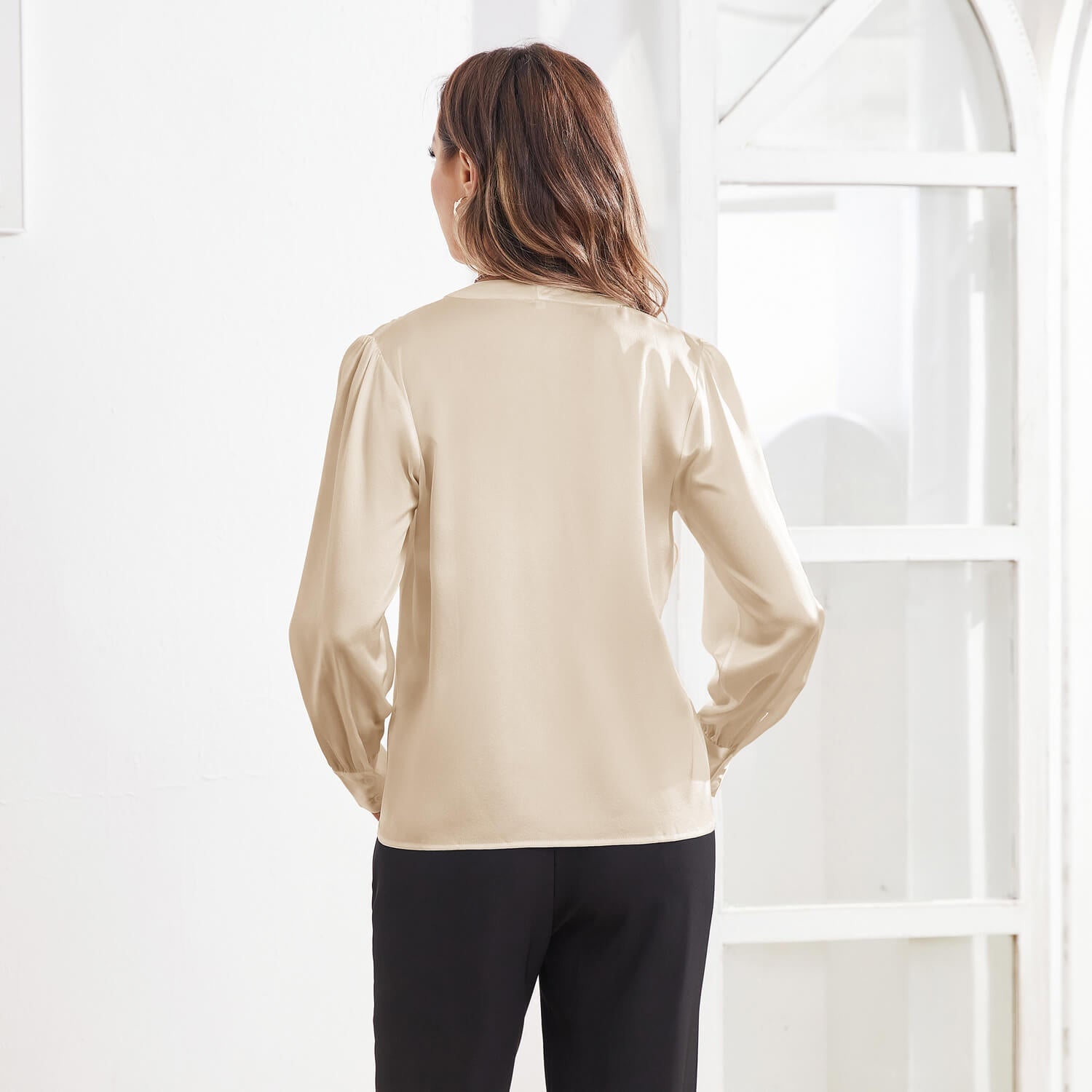 Women V Neck Silk Blouse Long Sleeves Office Work Silk Shirts