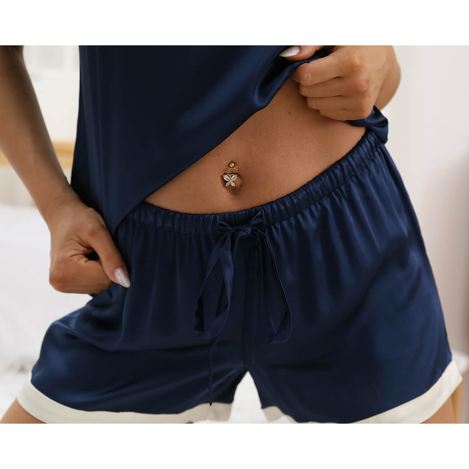 Women V Neck Silk Pajamas 100% Short Silk Sleepwear Set