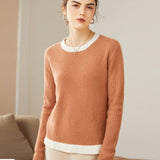 Women's 100% Cashmere Colorblock Knitted Jacquard Crewneck Sweater Camel XS