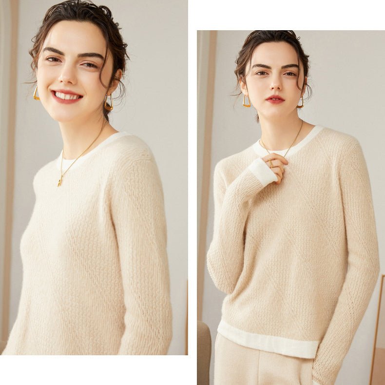 Women's 100% Cashmere Colorblock Knitted Jacquard Crewneck Sweater Beige XS