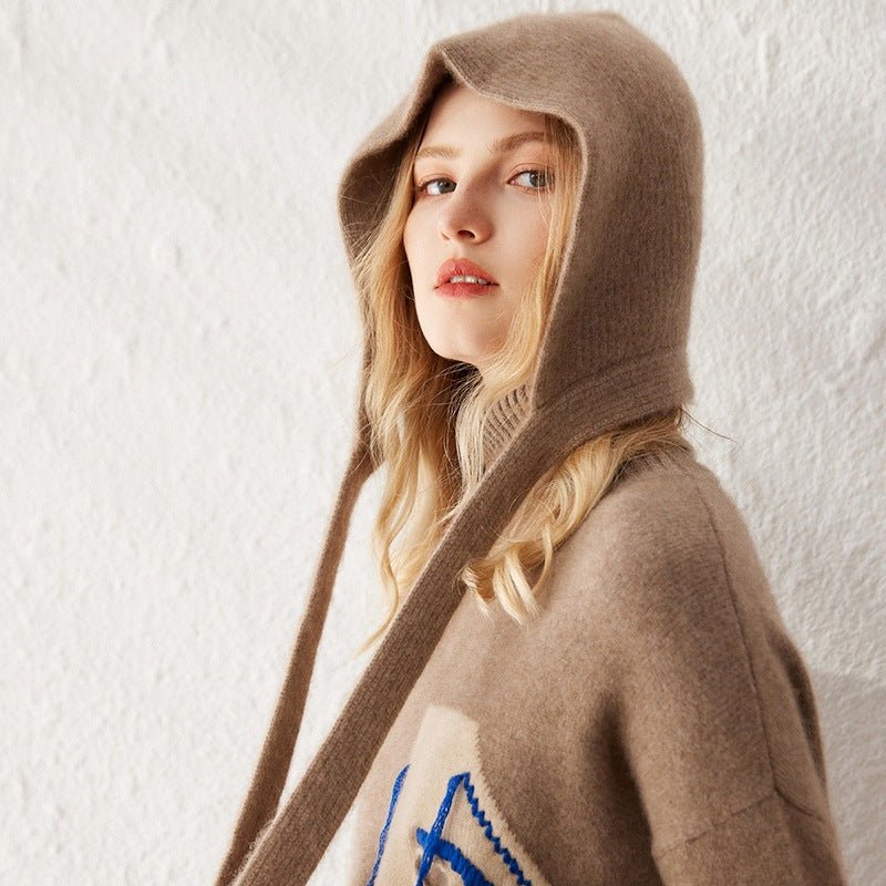 Womens 100% Cashmere Knit Hood with Ties Cashmere Hood Hat