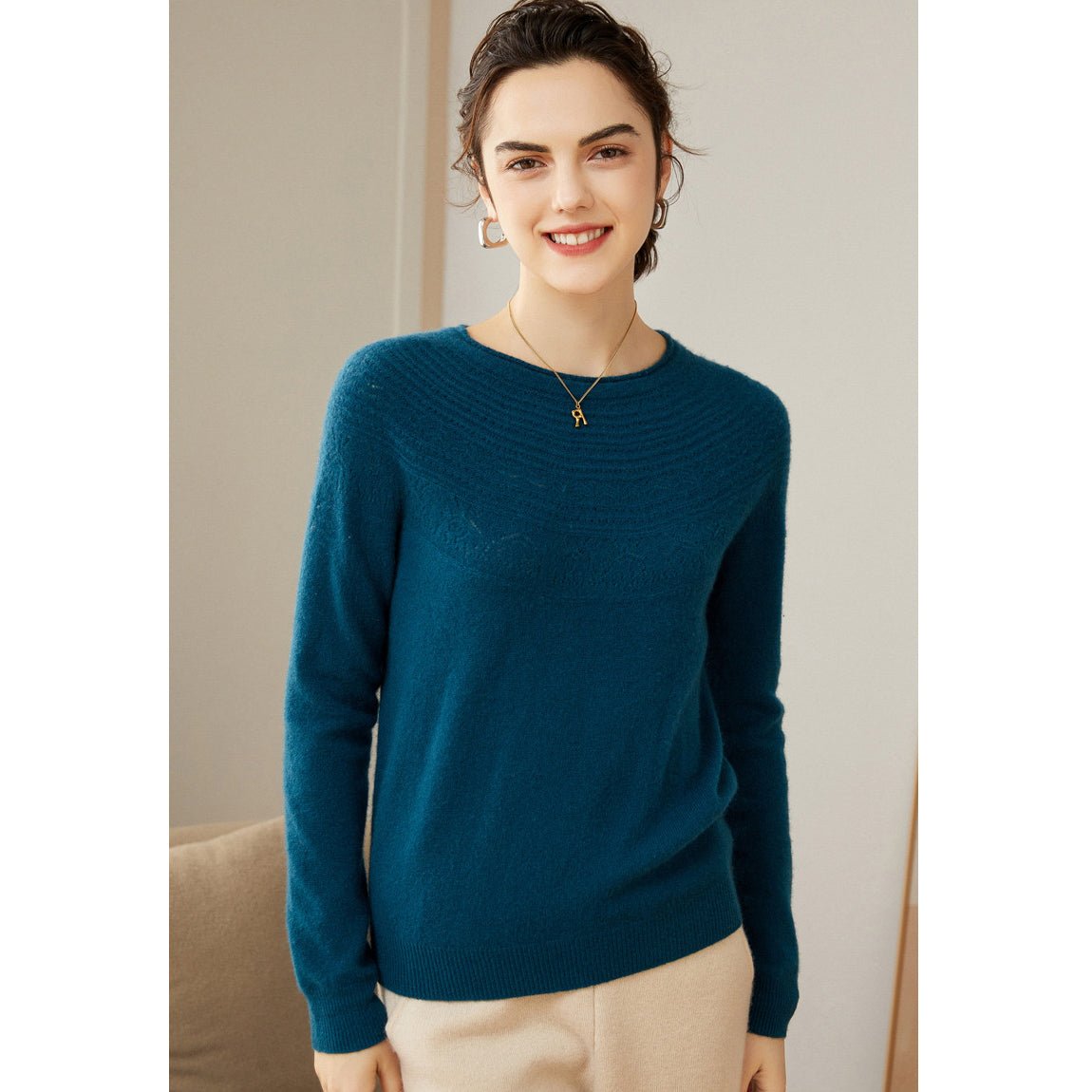 Womens Cashmere Pointelle Yoke Sweater Hollow - out Crewneck Sweater