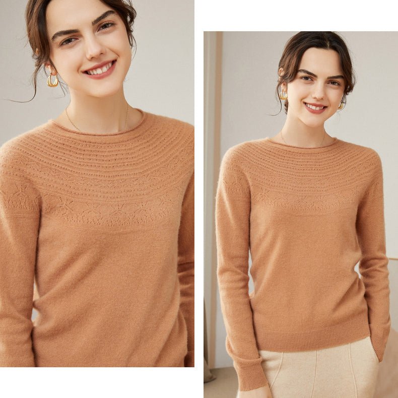 Womens Cashmere Pointelle Yoke Sweater Hollow - out Crewneck Sweater