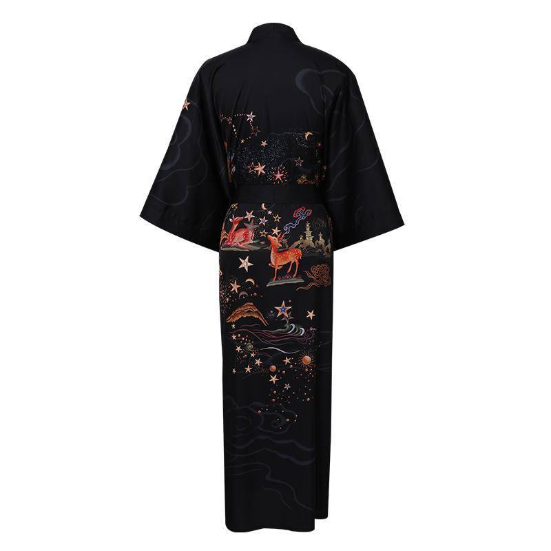 Women's Deer Prints Silk Kimono Robes Stars Silk Bathrobe