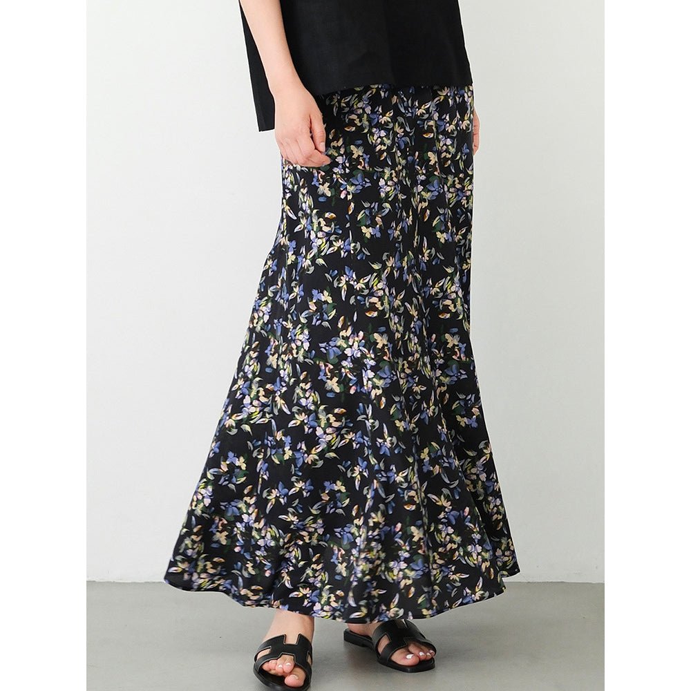 Womens Black Silk Maxi Skirt Floral Print Long Silk Dress Black XS