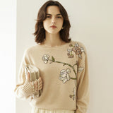 Womens Boat Neck Cashmere Sweater Embroidery Flowers Cashmere Pullover