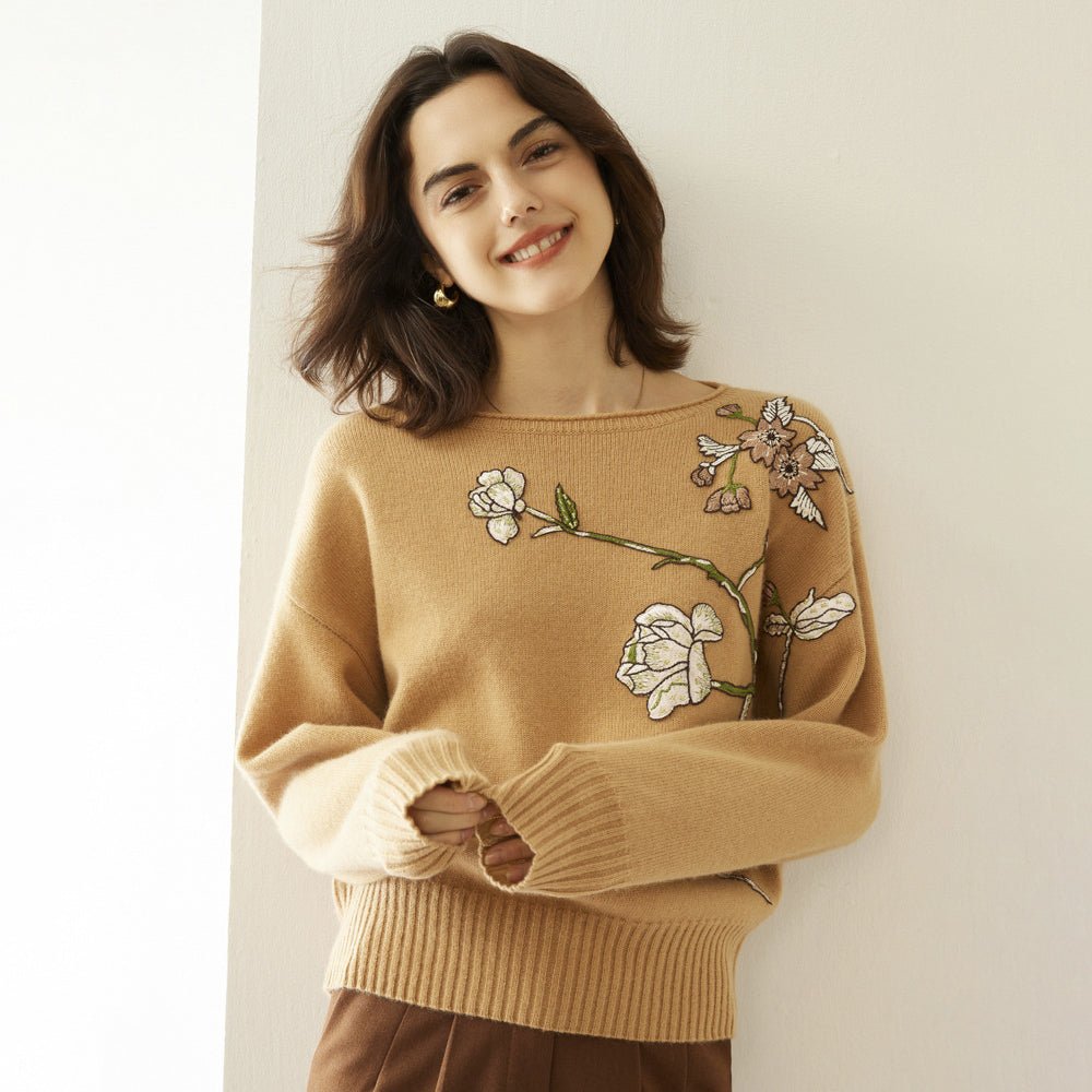 Womens Boat Neck Cashmere Sweater Embroidery Flowers Cashmere Pullover