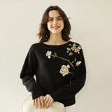 Womens Boat Neck Cashmere Sweater Embroidery Flowers Cashmere Pullover