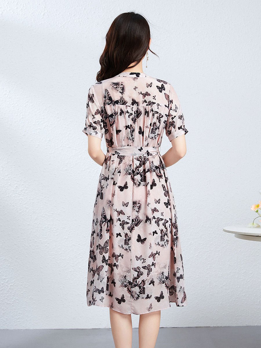Womens Butterfly Print Silk Midi Dress Button Front Silk Floral Dress Tie Waist Pink XS