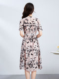 Womens Butterfly Print Silk Midi Dress Button Front Silk Floral Dress Tie Waist Pink XS