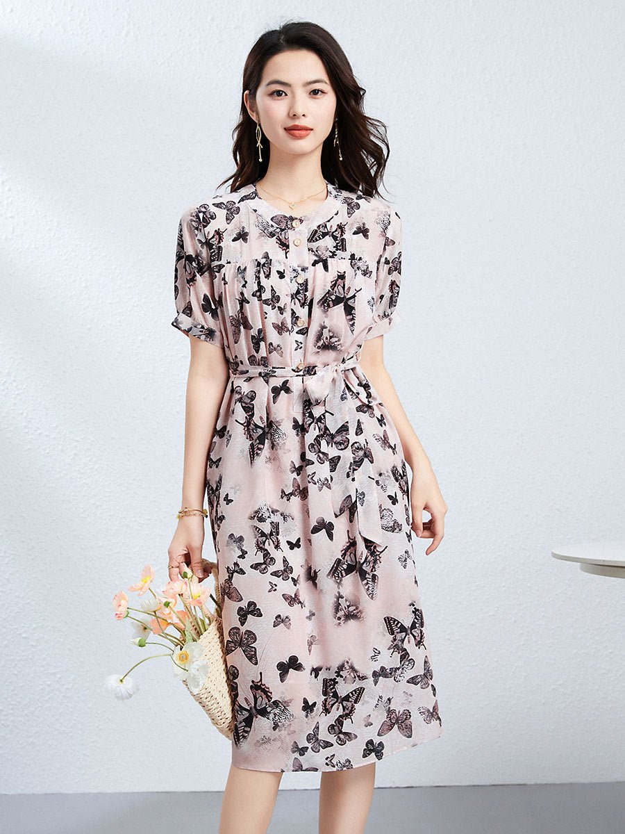 Womens Butterfly Print Silk Midi Dress Button Front Silk Floral Dress Tie Waist Pink XS