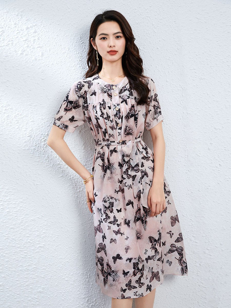 Womens Butterfly Print Silk Midi Dress Button Front Silk Floral Dress Tie Waist Pink XS