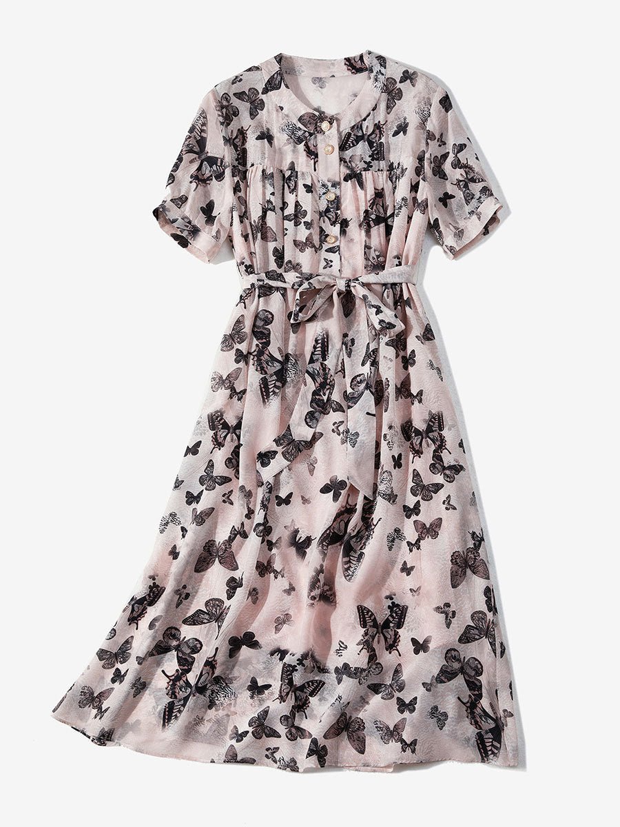 Womens Butterfly Print Silk Midi Dress Button Front Silk Floral Dress Tie Waist Pink XS