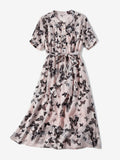 Womens Butterfly Print Silk Midi Dress Button Front Silk Floral Dress Tie Waist Pink XS