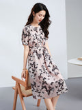 Womens Butterfly Print Silk Midi Dress Button Front Silk Floral Dress Tie Waist Pink XS