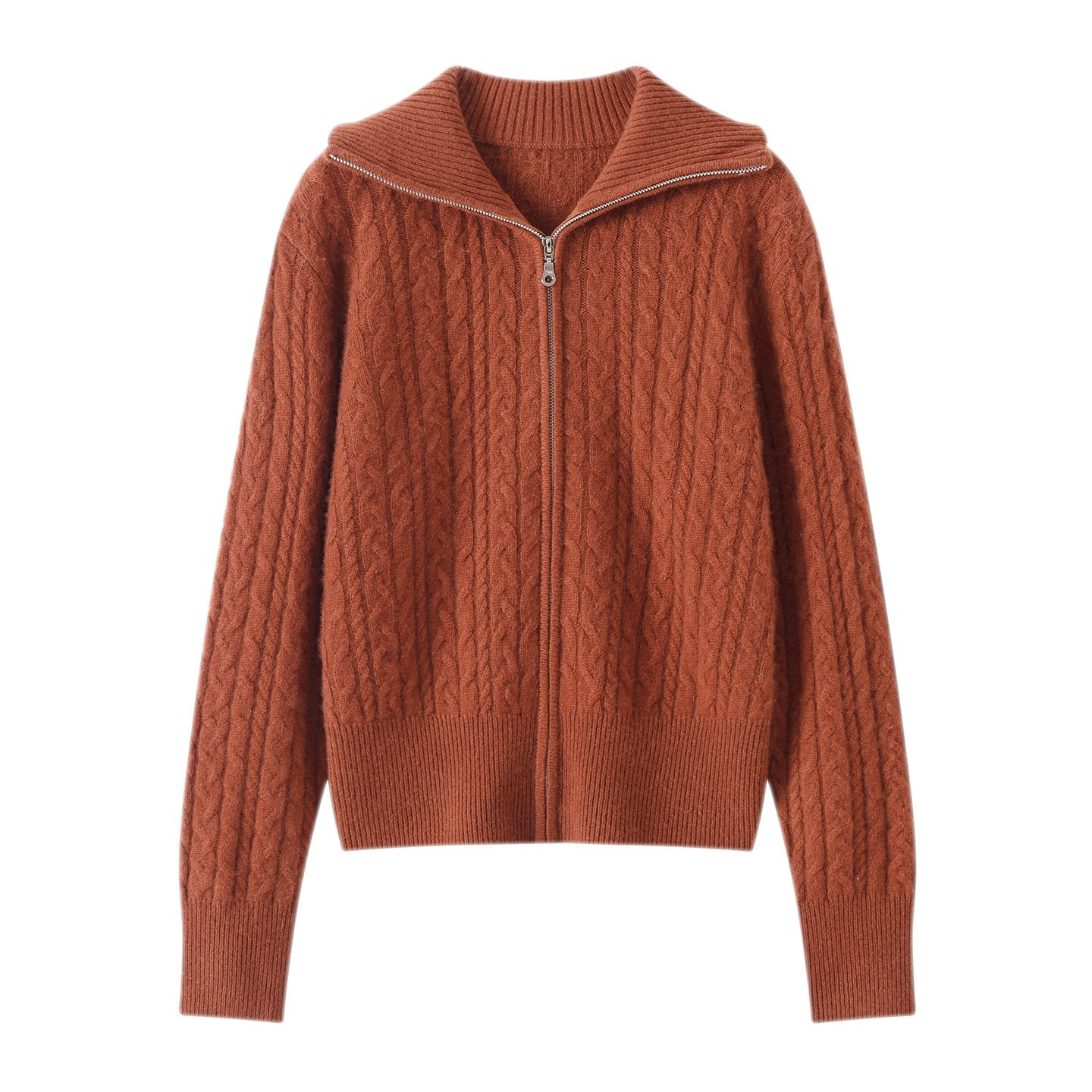 Womens Cable Knit Cashmere Cardigan Collared Full Zip Cashmere Sweater Jacket Brown XS