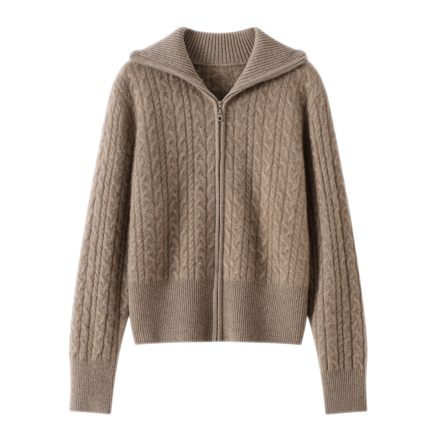 Womens Cable Knit Cashmere Cardigan Collared Full Zip Cashmere Sweater Jacket Taupe XS