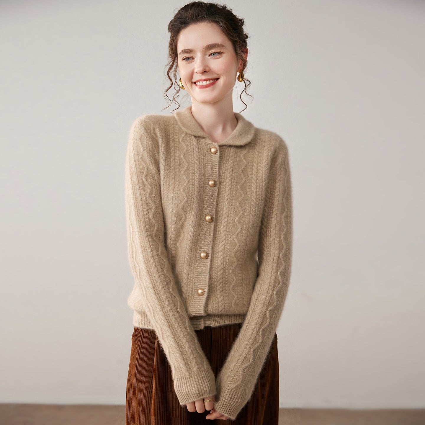 Womens Cable Knit Cashmere Cardigan Peter Pan Collar Cashmere Sweater Camel XS