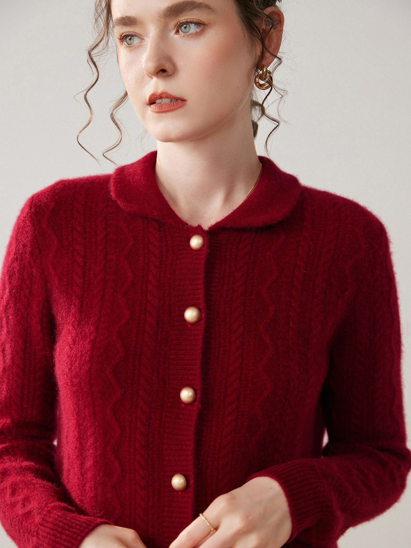 Womens Cable Knit Cashmere Cardigan Peter Pan Collar Cashmere Sweater Red XS