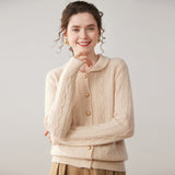 Womens Cable Knit Cashmere Cardigan Peter Pan Collar Cashmere Sweater Beige XS