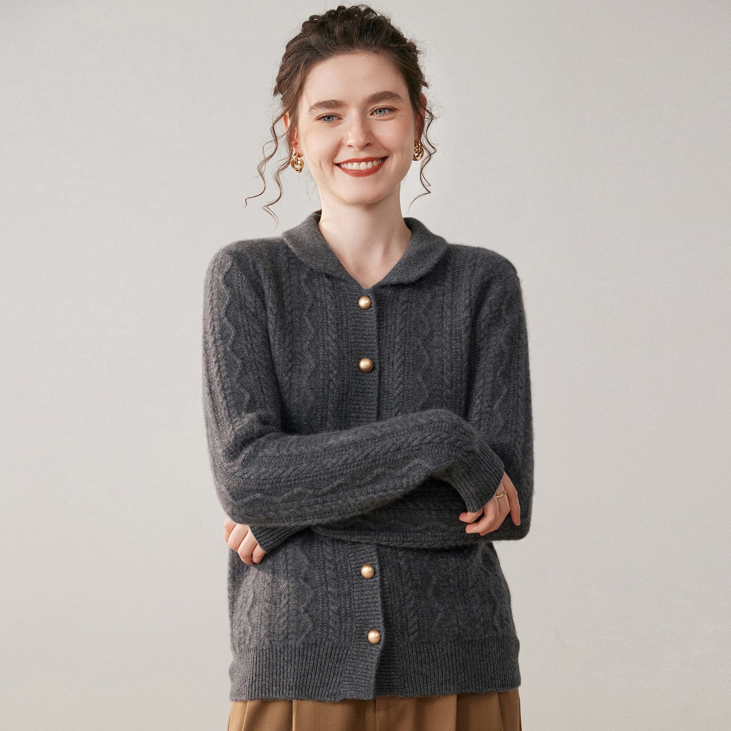 Womens Cable Knit Cashmere Cardigan Peter Pan Collar Cashmere Sweater Gray XS