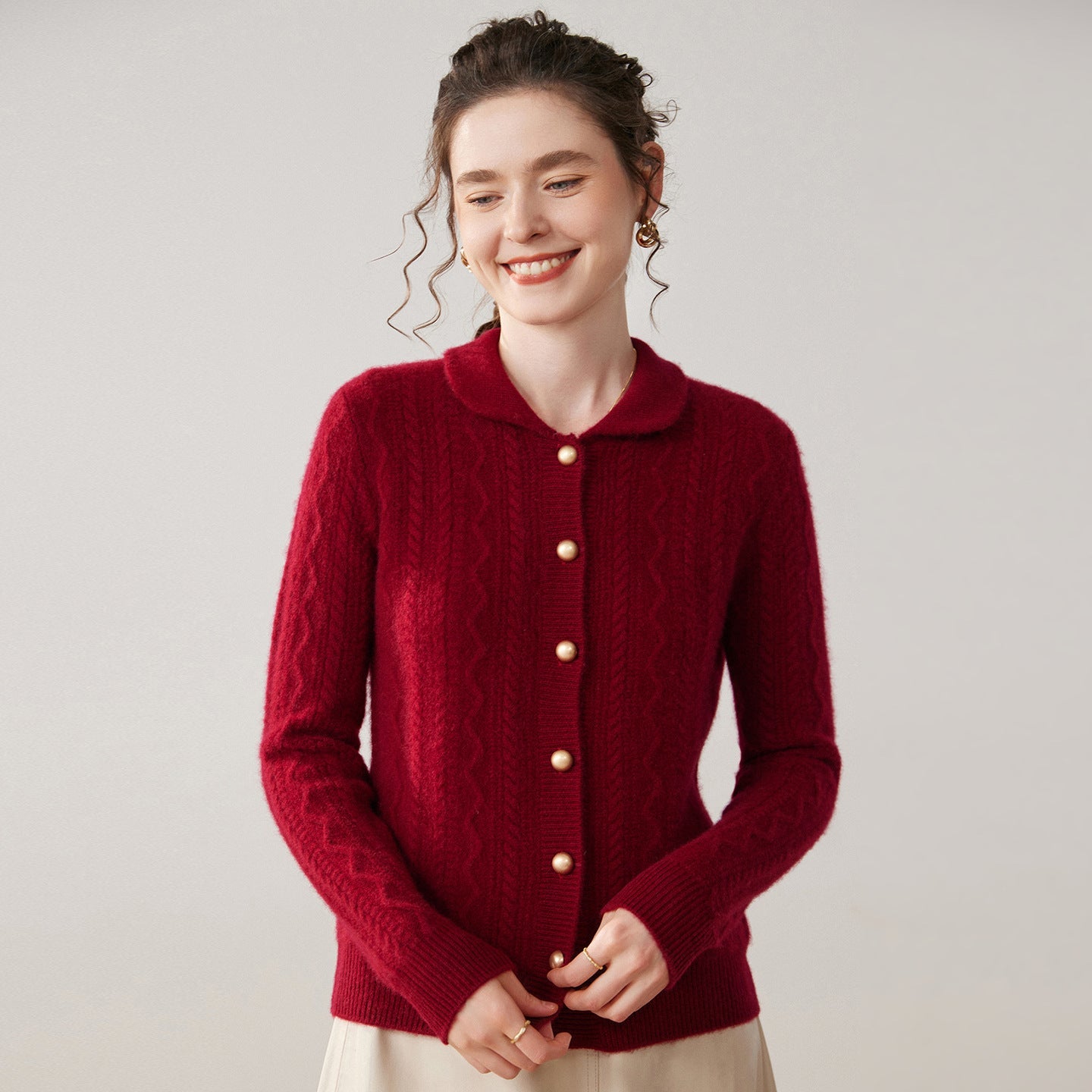 Womens Cable Knit Cashmere Cardigan Peter Pan Collar Cashmere Sweater Red XS
