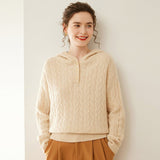 Womens Cable Knit Cashmere Hooded Cashmere Henley Sweater Beige XS