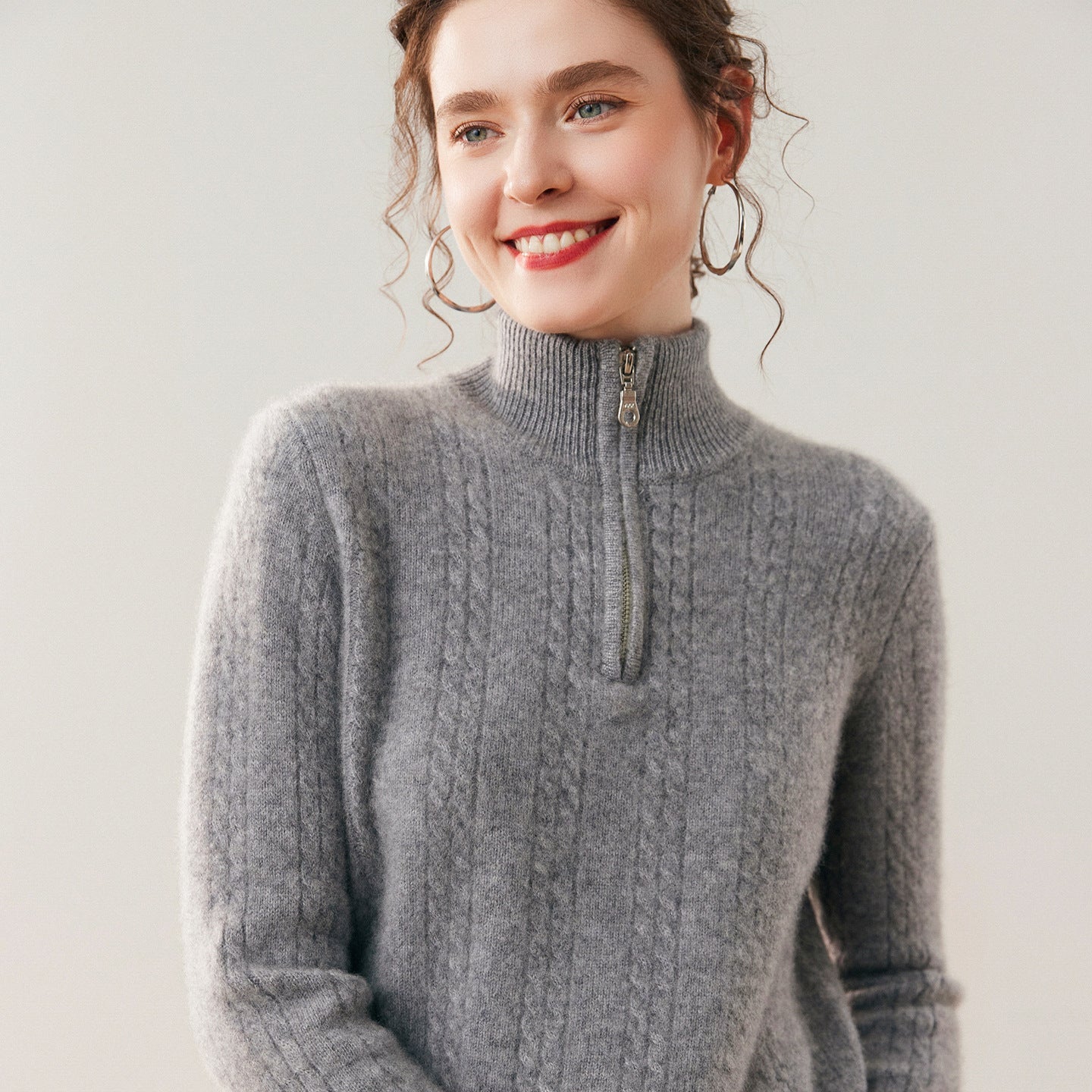 Womens Cable Knit Cashmere Sweater Half Zip Mock Neck Cashmere Blouse Gray XS