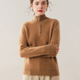 Womens Cable Knit Cashmere Sweater Half Zip Mock Neck Cashmere Blouse Gold Camel XS