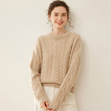 Womens Cable Knit Cashmere Sweater Round Neck Cashmere Pullover Beige XS