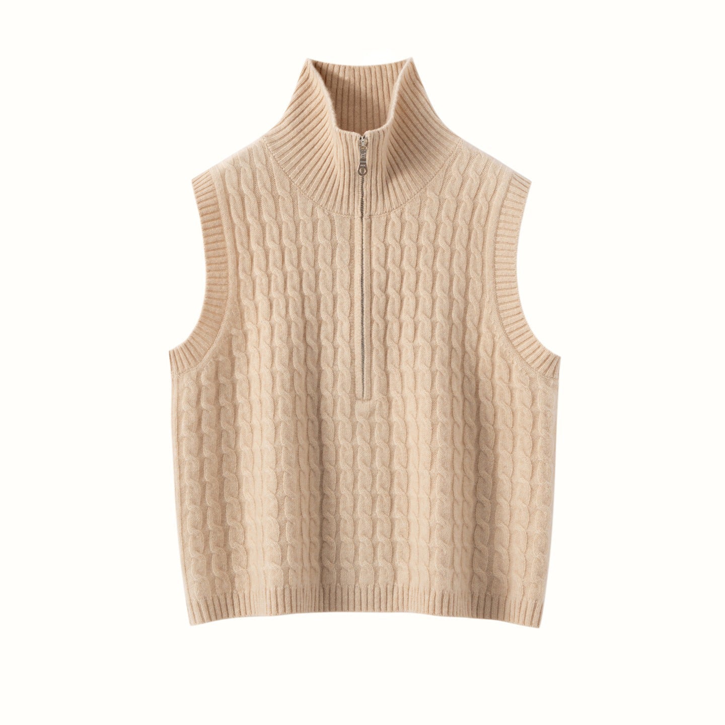 Womens Cable Knit Cashmere Vest Zip Mock Neck Cashmere Sweater Vest Beige XS