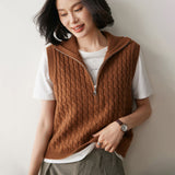 Womens Cable Knit Cashmere Vest Zip Mock Neck Cashmere Sweater Vest Black XS