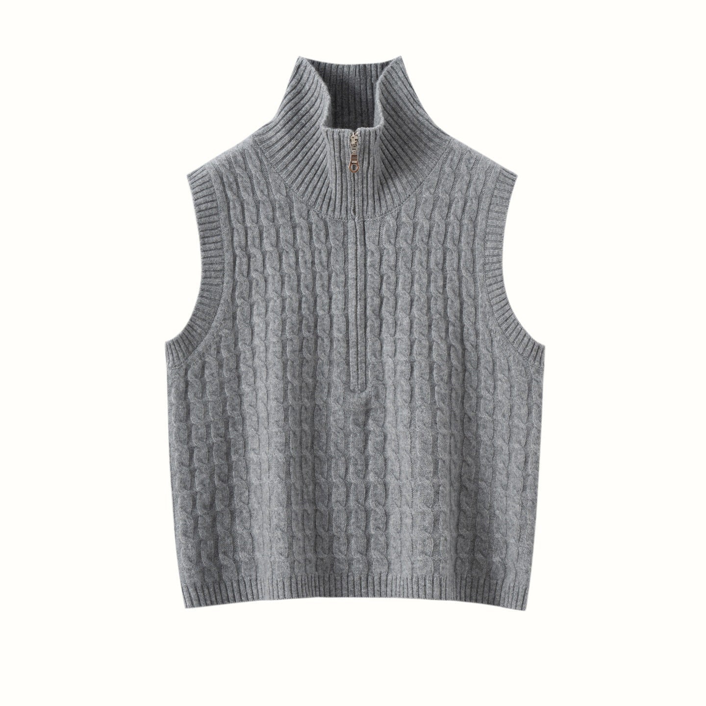 Womens Cable Knit Cashmere Vest Zip Mock Neck Cashmere Sweater Vest Gray XS