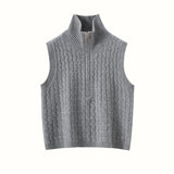 Womens Cable Knit Cashmere Vest Zip Mock Neck Cashmere Sweater Vest Gray XS