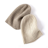 Womens Cable Knit Pure Cashmere Beanie Hat with Ribbed Trim