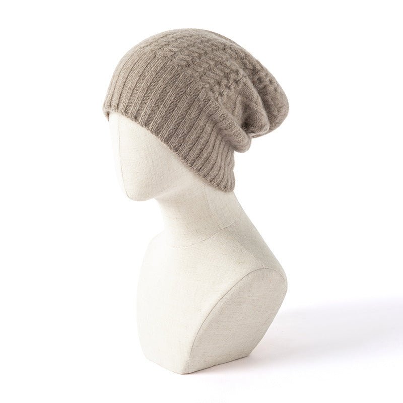 Womens Cable Knit Pure Cashmere Beanie Hat with Ribbed Trim