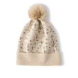 Womens Cashmere Beanie with Fur Pom Patterned Cashmere Hat Ribbed Hem