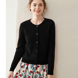 Womens Cashmere Cardigan Crew Neck Ribbed Neckline Cashmere Knit Sweater Black XS