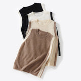 Womens Classic Sleeveless Crew Neck Knit Cashmere Vest Ribbed Hem Beige XS