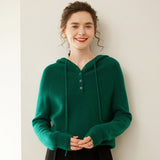 Womens Cashmere Hoodie Sweater Button Neck Cashmere Knit Pullover Green XS