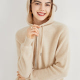 Womens Cashmere Zip - Up Hoodie Drawstring Knitted Cashmere Cardigan