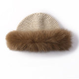 Womens Cashmere Knit Hat with Real Fur Trim Cashmere Bucket Hat