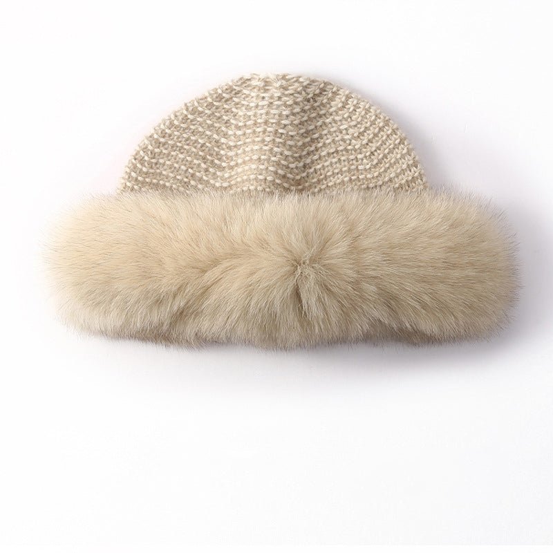 Womens Cashmere Knit Hat with Real Fur Trim Cashmere Bucket Hat