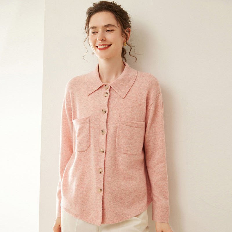 Womens Cashmere Shirt Cashmere Cardigan Button-Up Collared Sweater Pink XS